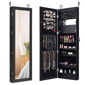 GOPLUS 2 en 1 Armoire &agrave; Bijoux avec Miroir, Organisateur de Bijoux Mural avec Lumi&egrave;res LED Automatiques, Armoire de Rangement Cosm&eacute;tiques Verrouillable pour Chambre, Vestiaire (Noir) (Augenstern24, neuf)
