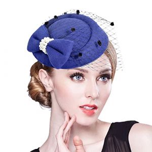 Barrette &agrave; cheveux en voile de perles des ann&eacute;es 20 avec n&oelig;ud en treillis - Bandeau noir - Pince &agrave; cheveux - Chapeau de mariage - Chapeau de th&eacute; pour femme et fille (bleu, taille unique) (jksmyx, neuf)