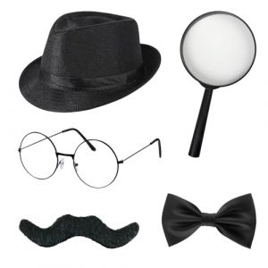 5 Pi&egrave;ces Accessoires de Costume de D&eacute;tective, Sherlock Holmes Cosplay Accessoires avec chapeau de D&eacute;tective Lunettes Fausse Moustache Loupe, accessoires de cosplay pour carnaval cosplay Halloween (Nanning Jianxi E-commerce Service Co., Ltd., neuf)