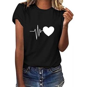 heekpek Femme Chemisier Chic T-Shirts Blouse Col Rond Tops Manches Courtes en Coton Ete T Shirt Imprimé Tunique T-Shirt, Noir, Taille XXL (HKPK, neuf)