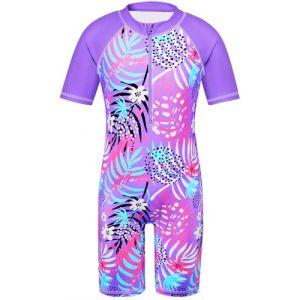 HUAANIUE Filles Maillot de Bain 1 Pièce 2-12 Ans, Anti-UV UPF 50+ Manches Courtes, Fermeture Éclair Frontale, Imprimés Colorés, Idéal pour Plage et Piscine (S255-Feuilles Violettes, 5-6 Ans) (HUANQIU EUR STORE, neuf)