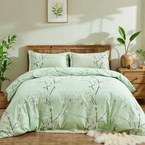 Freyamy Housse de Couette Floral 240x260+2 Taie d'oreiller 65x65cm Vert Clair Fleurie Imprimé Parure de lit 2 Personnes Adulte Fleurs Sets de Housse Couette en Microfibre avec Fermeture Éclair (Mitchell'SZ, neuf)