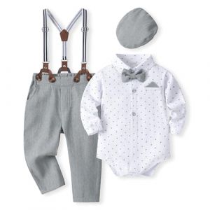 Volunboy Bebe Gar&ccedil;on Costume Gentleman, Noeud Papillon Chemise Carreaux + Pantalon 4 Pi&egrave;ces(6-9 mois,Taille 66,Pots Gris) (Volunboy, neuf)