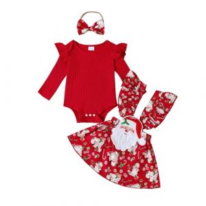 Caziffer Ensemble de No&euml;l B&eacute;b&eacute; Fille D&eacute;guisement No&euml;l Barboteuse + Jupe + Bandeau P&egrave;re de No&euml;l D&eacute;guisement pour B&eacute;b&eacute; Fille 0-24 Mois (Rouge past&egrave;que, 12-18 Months) (baixia, neuf)