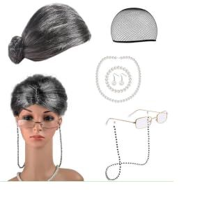 Ensemble de D&eacute;guisement pour Vieille Femme, Lot de 9 Accessoires de Cosplay de Vieille Femme 8, Ensemble de Perruque Grise Avec Perruque Grand-m&egrave;re, Bonnet de Perruque pour Halloween (RiZhaoZhenXiangQuanWuDingZhiYouXianGongSi, neuf)