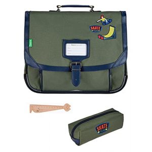 Lot Cartable 38 cm + Trousse Rectangulaire Assortie + Marque Page en Bois Chat Blumie (Tony) (Blumie Shop, neuf)