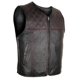 MDM Gilet Moto Cuir Homme &ndash; Cuir de vachette perfor&eacute;, surpiq&ucirc;res rouges, dos arrondi, poches pratiques, extensible 5 cm par c&ocirc;t&eacute; (FR/ES, Alpha/lettres, 3TG, Taille normale, Taille normale) (MDM LEDERHAUS, neuf)