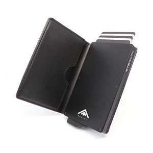 Stealth Wallet Porte Carte Bancaire RFID pour Homme - Porte-Cartes De Cr&eacute;dit avec M&eacute;canisme Pop Up et Bo&icirc;te Cadeau - Portefeuilles de Cr&eacute;dit Aluminium Minces (Aluminium Noir, Cuir Noir) (ETK Limited, neuf)