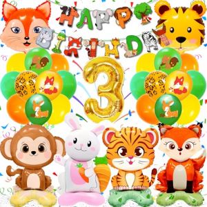 Decoration Anniversaire Jungle Animaux pour 3 Ans Enfants, Kit Ballon Animaux de la Foret, avec Happy Birthday Banderole, Facile à Utiliser, pour Fête Anniversaire Animaux de la Jungle (MXKJ-EU, neuf)