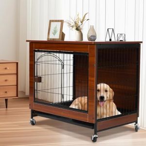 Cage pour Chien Meuble, 78cm Niche Int&eacute;rieure en Bois Moderne, Multi-Usage avec roulettes Silencieuses & Plateau Amovible, Adapt&eacute;e aux Petits/Moyens Chiens, 78x55x73cm, Marron Vintage (ELhome, neuf)