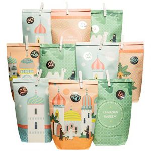 Papierdrachen Bricolage Calendrier du Ramadan &agrave; remplir - pour enfants et adultes - Sacs en papier kraft imprim&eacute; pastel - &agrave; poser et &agrave; d&eacute;corer - A&iuml;d Moubarak - r&eacute;utilisable - Set 9 (Papierdrachen, neuf)
