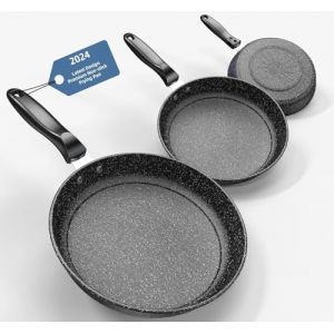 Kiseely Lot de 3 poêles 26/28/30cm, revêtement anti-adhésif en céramique sans PFAS avec de vraies particules de pierre, passe au lave-vaisselle (FG2) (Fly around wholesale, neuf)