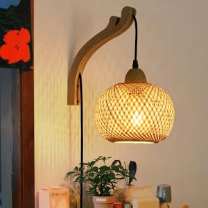 SUNLLOK Applique murale moderne en bambou avec interrupteur à câble - Panier en rotin - Lustre à suspendre - Éclairage mural intérieur en bois tressé pour îlot de cuisine, salon, restaurant (SUNLLOK, neuf)