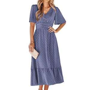 BebreezChic Robe d'été longue bohémienne élégante à manches courtes et col en V Taille haute Motif à pois suisses froncées Robe de plage, Bleu/violet., XL (BebreezChic, neuf)