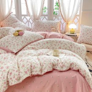 Freyamy Housse de Couette Fleurie 140x200+1 Taie d'oreiller 65x65 Blanc Rose Vert Feuilles Floral Ado Parure de lit en Microfibre Fleurs Sets de Housse Couette Adulte Filles avec Fermeture &Eacute;clair (Mitchell'SZ, neuf)