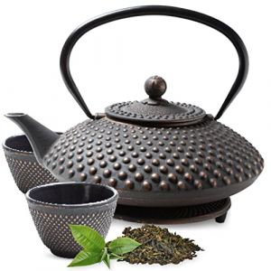 Tealøv THEIERE FONTE 1,25 LITRE SET COMPLET | BOÎTE CADEAU Service à Thé en Fonte avec Théière, 2 Tasses & Dessous Théière | Entièrement Émaillée de l'Intérieur | Design De Style Japonais Noir/Cuivre (Cook & Dine, neuf)