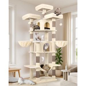 Globlazer Arbre à Chat Grand Beige, Arbres a Chats XXL Hauteur 204 cm avec 3 Perchoirs Rembourrés, 2 Niches, 2 Paniers, Hamac Souple, Tour de Chat Stable pour Grands Chats Repos Jeu (F80, Beige) (Globlazer For Your Pet, neuf)