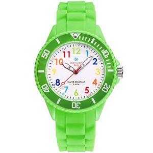 Alienwork Kids Montre P&eacute;dagogique Apprendre l'Heure Enfants Gar&ccedil;on Fille Vert Bracelet en Silicone Multicolore Enfants R&eacute;sistant &agrave; l'eau 5 ATM Temps d'apprentissage (?Alienwork, neuf)