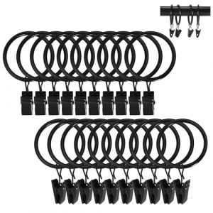 Anneaux de rideaux 20 pi&egrave;ces robustes antirouille avec pinces en m&eacute;tal r&eacute;sistantes pour tringle &agrave; rideaux standard &ndash; fixation facile pour voilages et rideaux lourds, finition &eacute;l&eacute;gante noire (淘裔商贸, neuf)