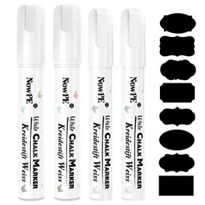 NowPE Feutre Craie Blanc, 2 Pièce Marqueurs Craie 6mm + 2 Pièce Stylo Craie Liquide 10mm + 16 Etiquettes de Tableau, Effacable avec Chiffon Humide ou Sec pour Tableau Noir, Mur, Fenêtre et Verre (Xinlucheng-EU, neuf)