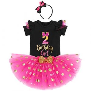 IBTOM CASTLE 1er/2e/3e Anniversaire Fille à manches courtes Barboteuse/T-shirt+Jupe Tutu en Tulle Pois Bandeau Vêtements Anniversaire Tenue de Soirée Robe Photographie Noir+Rose Vif-2 2 ans (IBTOMCASTLE, neuf)