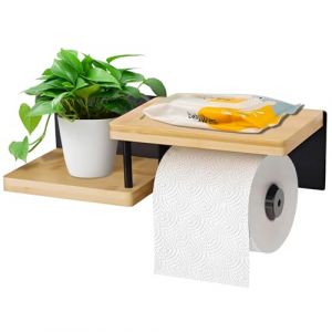 LLCS&reg; Porte-Papier Toilette Mural en Bois de Bambou, Support Porte Papier Toilette avec Etag&egrave;re en Bambou Plateau, D&eacute;rouleur Papier Toilette Salle de Bain sans Per&ccedil;age - Fixation Adh&eacute;sive ou &agrave; Percer (LLCS, neuf)