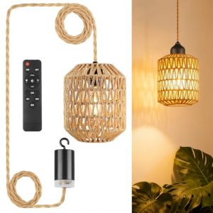Lumi&egrave;re Suspendue en Rotin, Lampe sur Batterie avec T&eacute;l&eacute;commande, Abat-Jour Boho Portable Lumi&egrave;re Pendentif, Lampe Suspendue Ext&eacute;rieur, Lumi&egrave;res Suspendue sur Batterie pour Terrasse, Bar, Jardin (ShopHop Business, neuf)