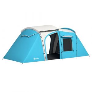 Outsunny Tente de Camping familiale pour 3-4 Personnes, Tente Tunnel avec 2 Chambres, 4 Portes et 4 fenêtres, Sac de Transport, imperméable, 460 x 220 x 175 cm, Bleu (Aosom FR, neuf)