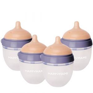 HappyMami - Set de 4 Biberons en Forme de Sein, T&eacute;tine en Silicone de Qualit&eacute; M&eacute;dicale, Double Syst&egrave;me Anti-Colique, sans BPA, Lavable au Lave-vaisselle, Chauffe-biberon (Violet Soie, 150 ml) (Happymami, neuf)