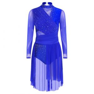 Aislor Robe Danse Contemporaine Femme Robe Danse Latine Lyrique Tenue Justaucorps Gymnastique Patinage Artistique Strass Manches Longues Bleu Royal M (Aislor EU, neuf)