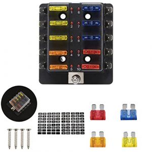FanPaYY Bo&icirc;te &agrave; Fusibles 10 Voies, 12V Porte Fusible avec Bus N&eacute;gatif avec 12 Voyants Couvercle de Protection, Voiture Blocs Fusible Lame pour Voiture, Bateau, Fourgonnette, SUV (FineBoing, neuf)
