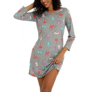 ENJOYNIGHT Chemise de Nuit Femme &agrave; Manches Longues Coton Robe de Nuit Imprim&eacute; V&ecirc;tements de Nuit (Large,Chat Gris) (lovelynight, neuf)
