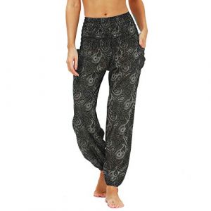 Nuofengkudu Femme Harem Pantalon Sarouel Thaïlandais Hippie Baggy Léger Boho Ethnique Smockée Taille Haute avec Poches Yoga Pants Été Plage(Y-Modèle C,Taille Unique) (better Life, neuf)