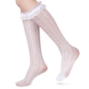 KEWUF Chaussettes Dentelle Femme, Chaussettes Blanches Femme, Chaussettes Hautes Femme, Chaussettes Longues En Dentelle Blanche, Motif De C&oelig;ur Ajour&eacute;, Avec Volant (Blanc) (VicFENG001, neuf)