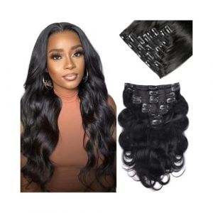 Clip in Hair Extensions Real Human Body Wave 1B Natural Black Brazilian Remy 8pcs Per Set with 18 Clips Double Weft 8-28 Inch 120g Wear and Go(20inches) (YANGJIANJUNUK, neuf)