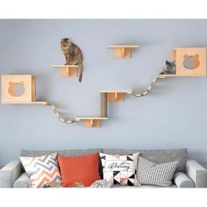 Hanured Mur d'escalade pour chats, en bois de pin, avec 2 maisons pour chat, 4 perchoirs, 1 arbre &agrave; chat, parc mural pour l'escalade et la d&eacute;tente (Fei Ling, neuf)