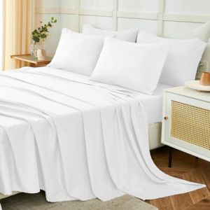 Parure De Lit 120x190/200cm 3 Pièces en Polyester, Draps de Lit 1 Personne, Drap Housse Ajustable 120x200 cm, Drap Plat 1 Personne 180x250 cm et 1 Taie d'oreiller 50x80, Blanc (Trame Italiane, neuf)