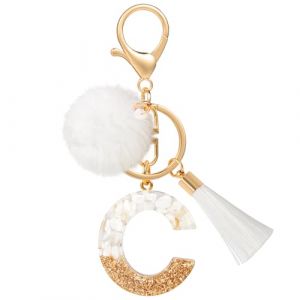 MWOOT Porte Clé Lettre C Peluche Tassel, Initial Résine Personnalisé Keychain Or Blanc, Porte Clef Lettre Pendentif Décoratif, Kawaii Porte Clef Voiture Charm, Idee Cadeau D'Anniversaire pour Femme(C) (vetpw, neuf)