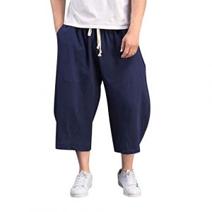 Pantacourt Homme Japonais Sarouel Pantalon Lin Homme Large Pantalon en Lin Homme Streetwear Pantalon de Jogging Homme Harem Pantalon Cargo 3/4 Décontracté Pantalon Baggy Homme Grande Taille (Navy, L) (Raopuzi, neuf)