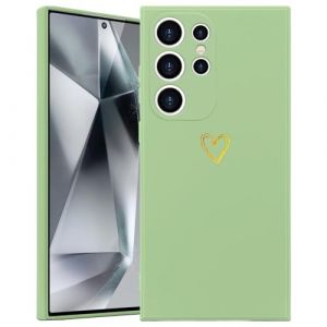 Wirvyuer Coque Compatible avec Samsung Galaxy S24 Ultra 5G Antichoc Coque Silicone avec Motif Coeur d'amour Dor&eacute; Mignon &Eacute;tui Protection Compl&egrave;te Souple pour Samsung Galaxy S24 Ultra 5G (Vert Menthe) (meijiehua, neuf)