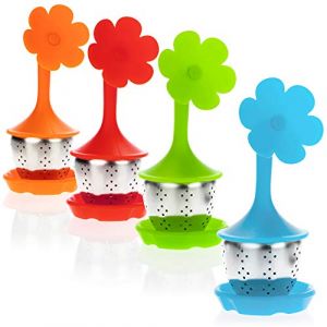 COM-FOUR&reg; 4x Infuser &agrave; th&eacute; en acier inoxydable et silicone - passoire &agrave; th&eacute; avec couvercle et soucoupe - infusers &agrave; th&eacute; (04 pi&egrave;ces - fleur) (COM-FOUR  Vertriebs GmbH, neuf)