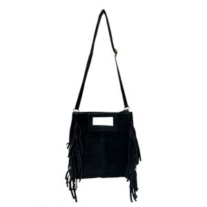 Sac &agrave; main en daim avec franges - Fabriqu&eacute; en Italie - Sac &agrave; bandouli&egrave;re en cuir rugueux - Disponible en deux variantes, 26x22x4 cm (JameStyle26, neuf)