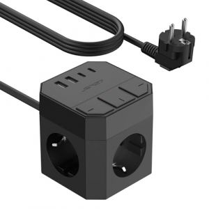 JSVER Cube de Prise 7 en 1 avec USB C, Multiprise Electrique avec 2 USB C& 2USB A Chargeur de Voyage(5V3,4A/17W), Multiprise avec Interrupteur Individuel Cable 3m pour Smartphone Tablette- Noir (JsverDirect, neuf)