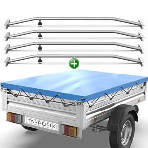 Tarpofix® Bâche pour remorque plate 257,5 x 134,5 x 8 cm + 4x arceau de bâche (réglable 100-145 cm) - Bache remorque PVC - Bâche de couverture pour diverses remorques de voitures de 750kg & 1000kg (CD_Commerce, neuf)