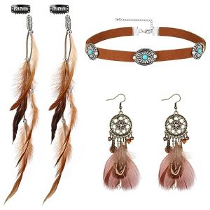 MWOOT Pinces &agrave; Cheveux Plumes, Extensions de Cheveux Indienne, Collier Ras du Cou en Cuir, Boucles d'oreilles Attrape-r&ecirc;ves, Bijoux Boh&eacute;miens Set pour Halloween Carnaval la F&ecirc;te Costum&eacute;e des Femmes (Sopdy-eu, neuf)