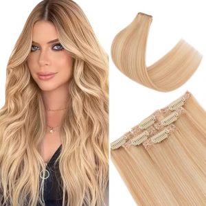 TESS Extension Cheveux Naturel Clip Double Trame 6pcs 33g, un Clip in Hair Extensions Human Hair,Rajout Cheveux Clips Naturel #18R/613R Beige Sable Blond/Blond Clair Lumineux 30cm (TESS Official, neuf)