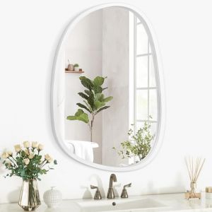Lzuso Miroir Asymétrique en Bois - Miroir Blanc Ovale Irrégulier Moderne pour Salle de Bain, Salon, Chambre, Entrée et Hallway - Suspendu - 40x30cm Blanc (Kyucheng, neuf)