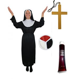 Déguisement de bonne sœur zombie pour adulte avec la robe noire à collerette blanche et sa coiffe + une croix + du maquillage + du faux sang. Ideal pour les fêtes d'Halloween. ( XLarge ) (ILFD GROUP LTD, neuf)