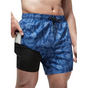 Arcweg Short de Bain pour Homme 2 en 1 avec Boxer doubl&eacute; pour Homme avec Doublure de Compression Short de Plage &agrave; s&eacute;chage Rapide Fleur de Feuillage Marine M(EU) (Arcweg, neuf)