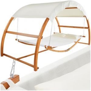 tectake® Hamac sur Pied XXL Hamac 2 Places Coton avec Toit & Support en Bois 328 x 160 x 171,5 cm, Supporte jusqu'à 250 kg, Couchage 202 x 138 cm, Coussins Inclus pour Terrasse Exterieur Piscine (Made4Home SAS, neuf)